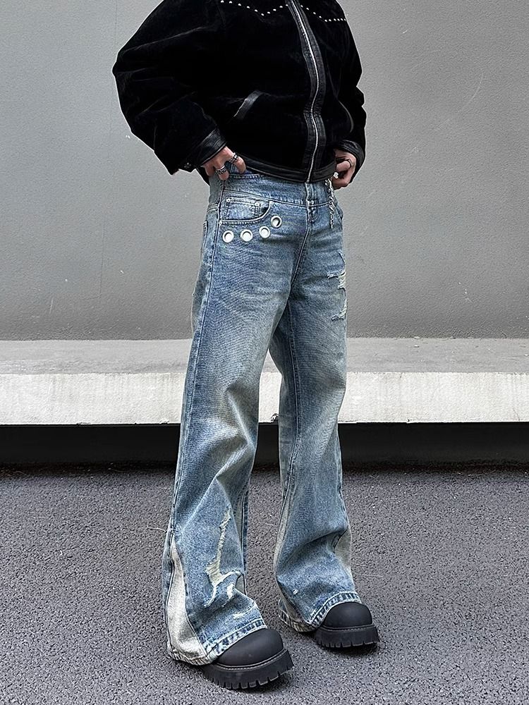 Herrenbekleidung 2025 American Deconstructed Stitching Doppelte Taille Destroyed Jeans Herren Straight Slim Flared Cleanfit Hose_voghion.com
