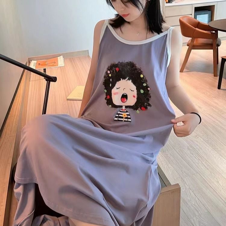 2024 New Korean Cartoon Cute Pajama Women's Summer Strap Printed Medium length Sleeping Skirt Home Clothes Can be worn_voghion.com
