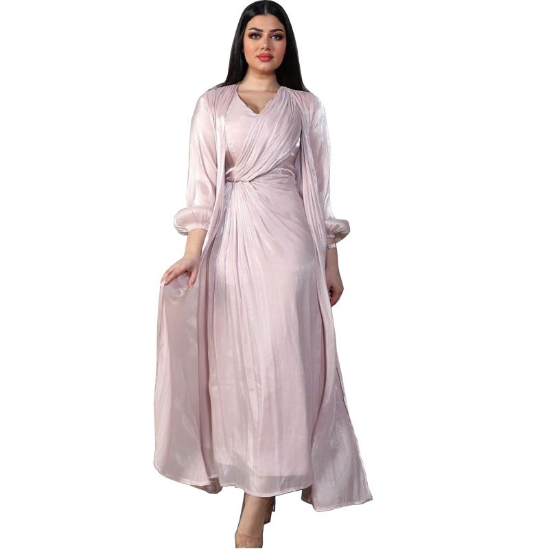 Damenbekleidung Helles Seidenkleid Dubai Robe Mode Abaya Weicher Zweiteiler_voghion.com
