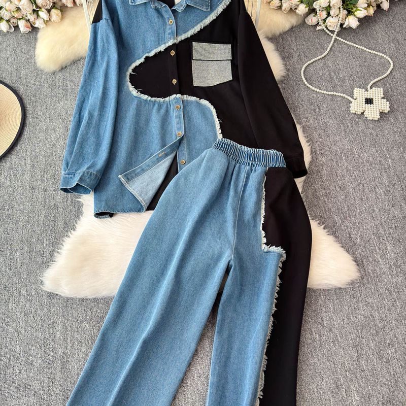 Damenbekleidung Designer-Jeanshemd mit Revers und Patchwork-Muster, langärmeliges Oberteil, Anzug für Frauen, hohe Taille, schmale, farblich passende Hose mit weitem Bein, zweiteiliger Anzug_voghion.com