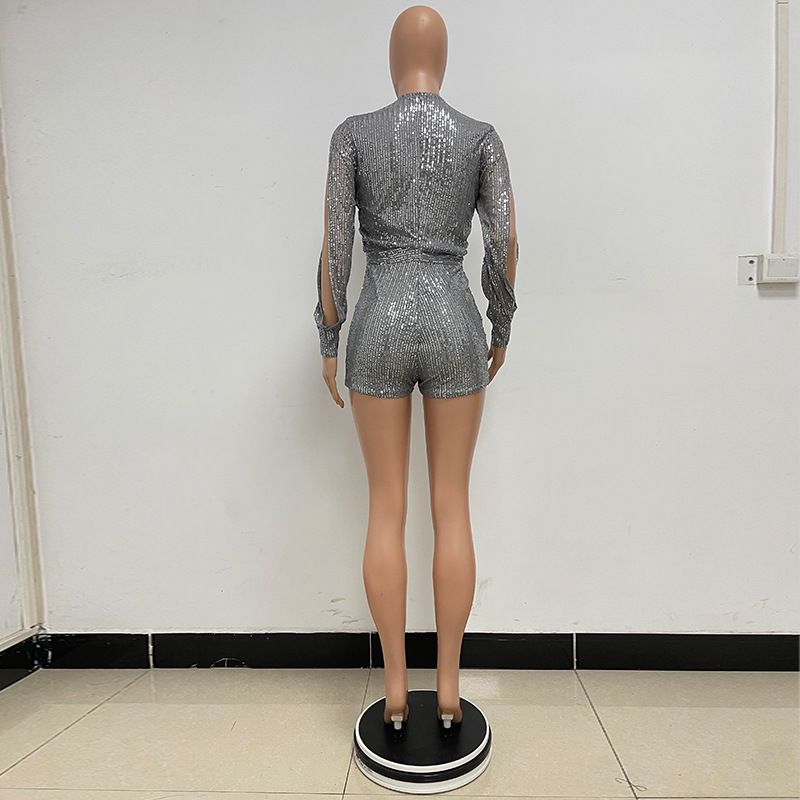 Damkläder jumpsuit mode smal långärmad slits paljettjumpsuit_voghion.com