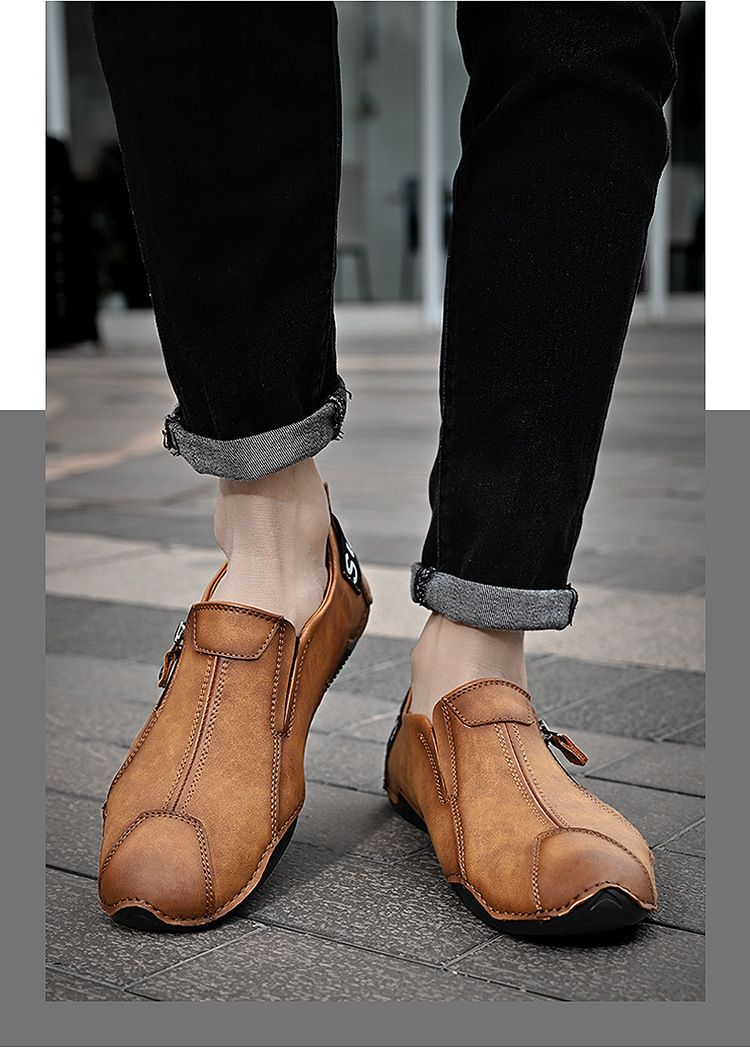 New Bean Heren Koreaanse Editie Handgemaakte Casual Rits Dagelijks Sport Rijden Leren Grote Maat Trendy Enkel Schoenen_voghion.com