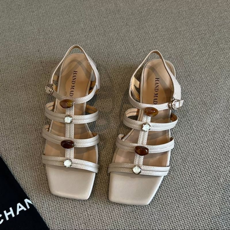 Versione in pelle di mucca ~ Sandali romani aperti con punta quadrata Old Money per le donne, stile estivo, nuovi sandali con tacco alto e cinturino singolo_voghion.com
