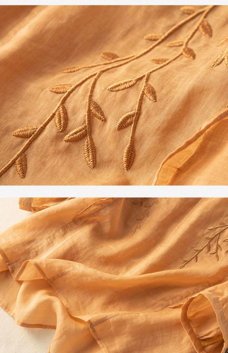 Dameklær Brodert bomull og lin bluse løs temperament litterær retro bomull og lin_voghion.com