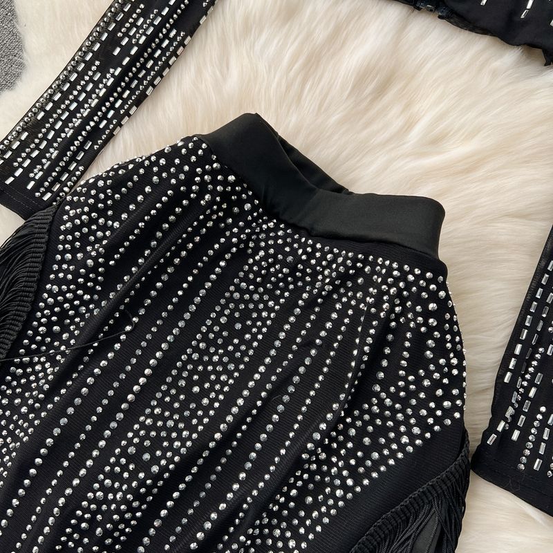 Costum de damă cu temperament de vedetă, la modă, cu mânecă lungă, de nișă, sexy, cu diamant, slim fit, cu fustă versatilă și ciucuri, costum din două piese_voghion.com