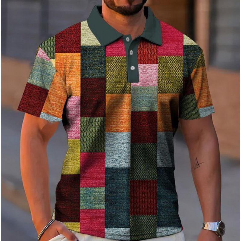 Men's Button-down Polo Shirt Plaid Pattern Turn-down Collar Trendy 3D Digital Print Short Sleeve Loose Casual Simple_voghion.com