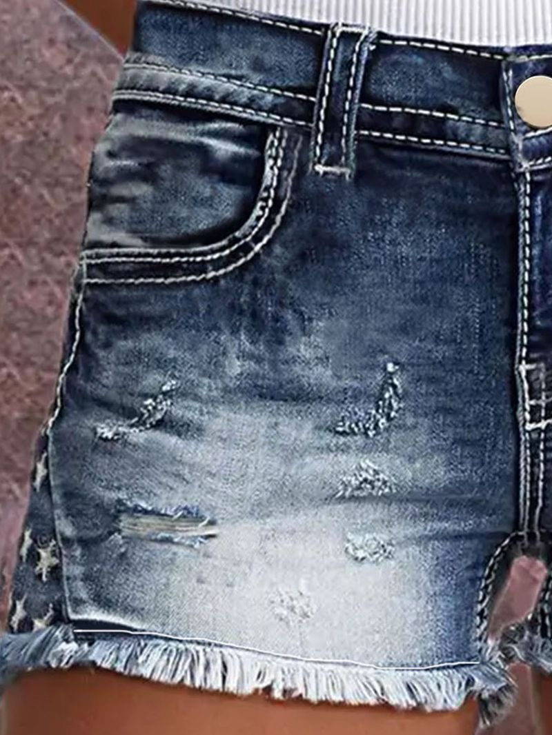 Pantaloncini in denim strappati ricamati con toppa elastica da donna, alla moda_voghion.com