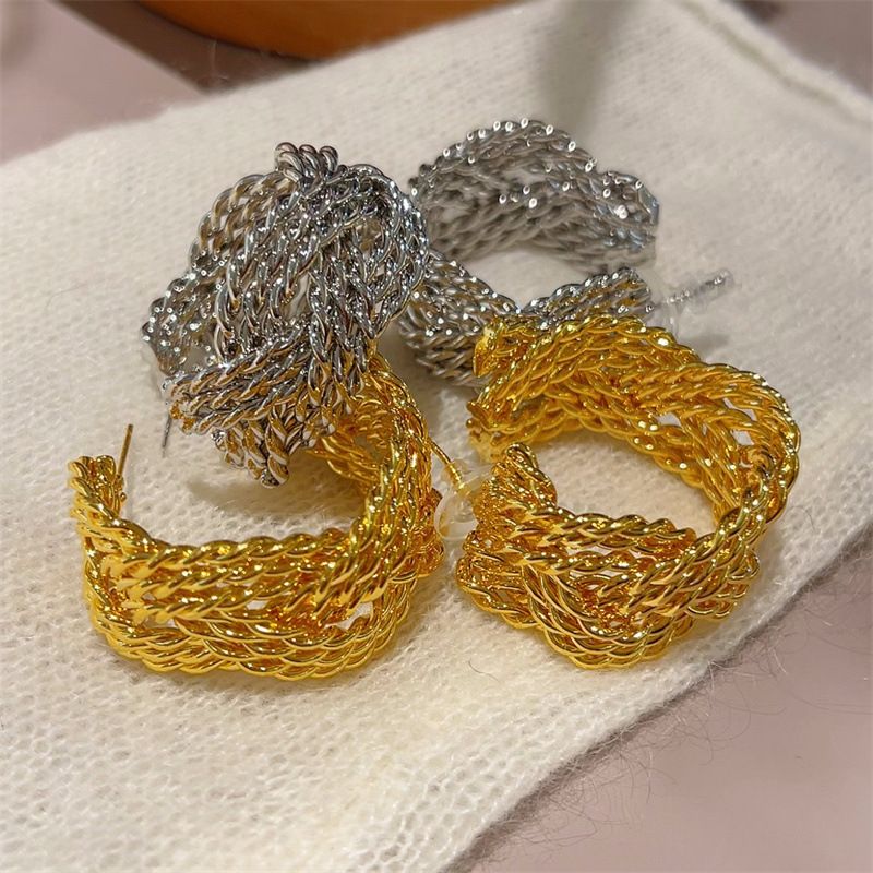 Orecchini a cerchio grandi, esagerati, alla moda, alla moda, a forma di C, intrecciati in oro vero placcato, alla moda, alla moda_voghion.com