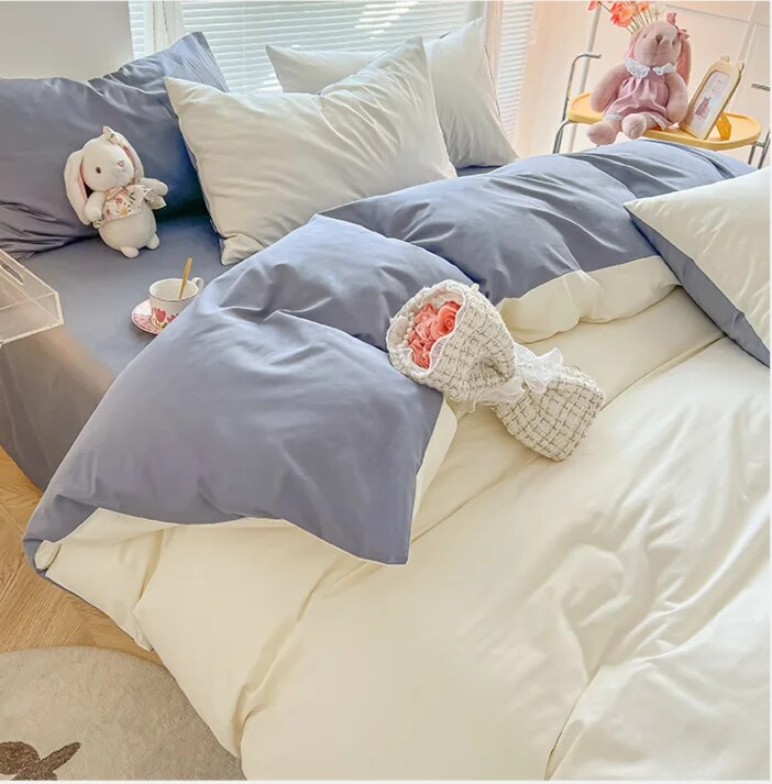 Set da tre pezzi per dormitorio studentesco primaverile in cotone lavato nuovo opaco a quattro colori tinta unita, semplice e fresco_voghion.com