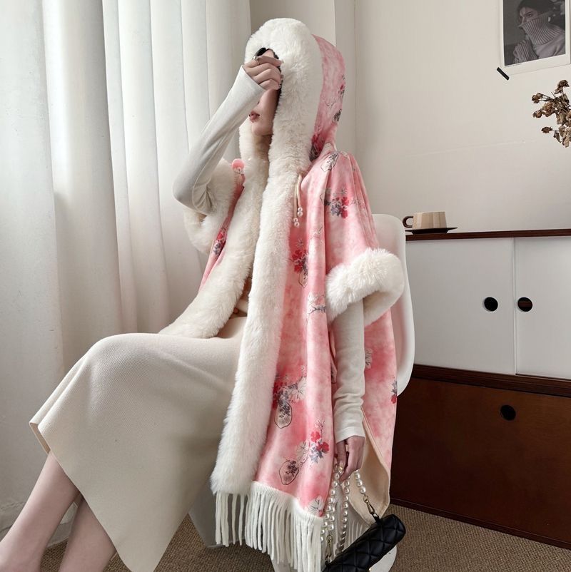 Woolen collar tassel shawl with wool thickened national style cloak hooded woolen coat woman_voghion.com