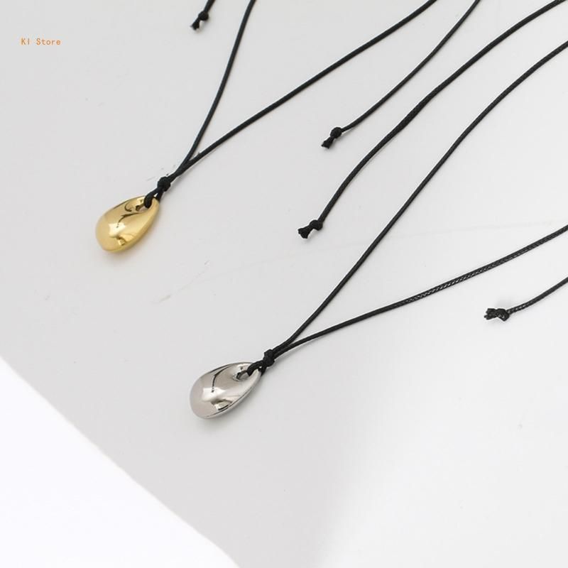 Fashion Modern Bean Pendant Necklace Black PU Leather Cord Neckchain Adjustable Clavicle Chain Jewelry for Fashion Forward Women_voghion.com