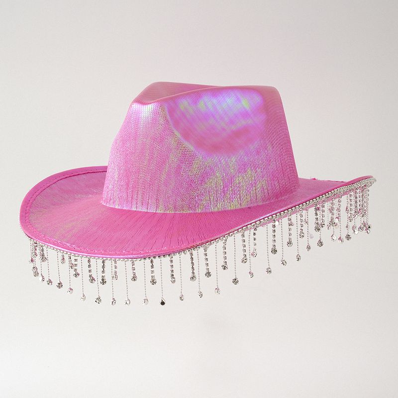 Sombrero de copa unisex estilo Panamá para mujer, de mezclilla neón con borlas de metal y diamantes de imitación, ideal para espectáculos de danza._voghion.com