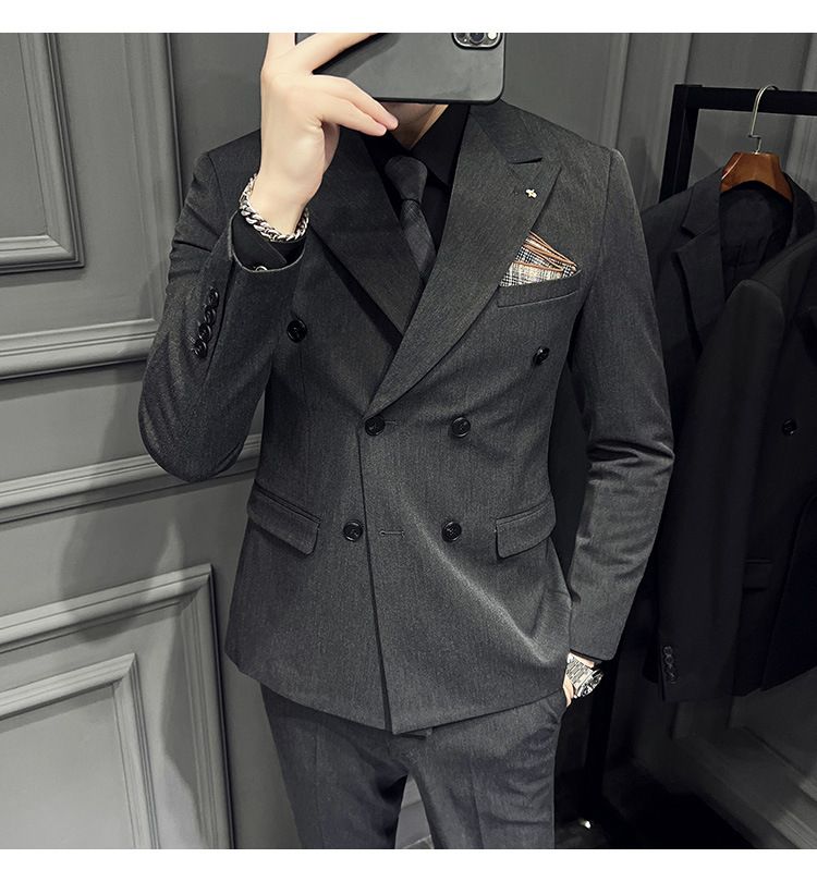 Heren zakelijke textuur gun collar, dubbelrijs slim fit pak driedelig, heren_voghion.com