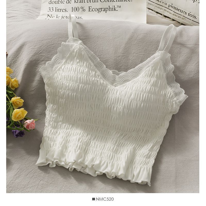 Canotta in pizzo plissettato francese primaverile ed estivo con cuscino da donna, indossata come base, bella schiena e petto avvolti_voghion.com
