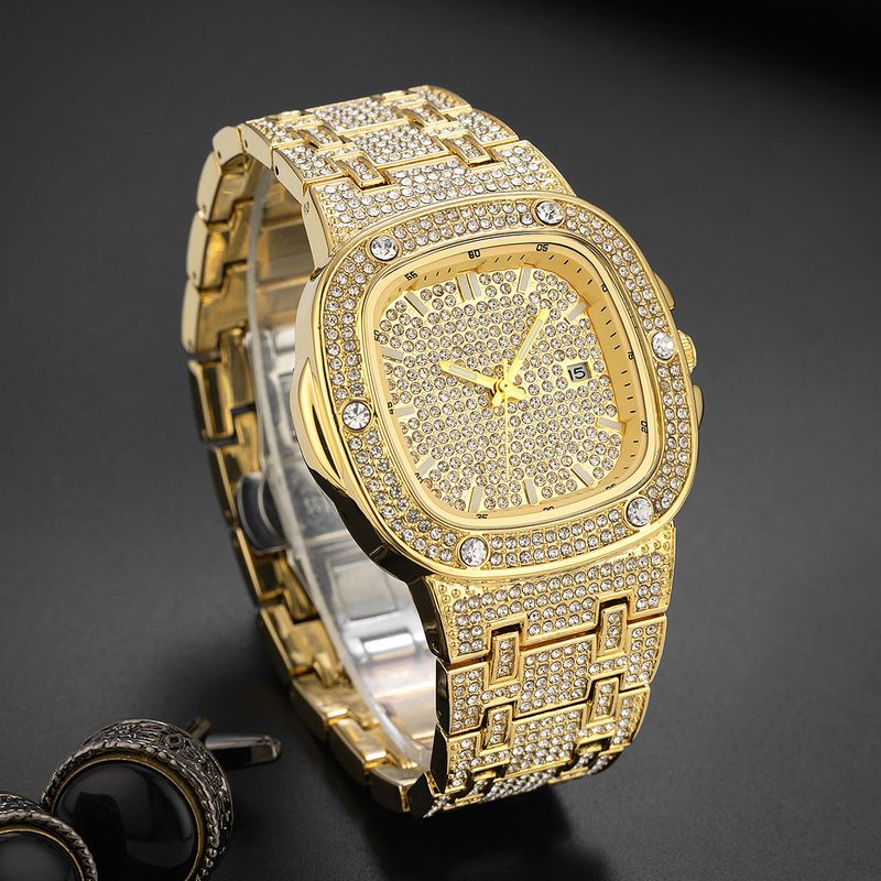 Rap Hip Hop Gold Luminous Square Full Diamond Men's Watch_voghion.com