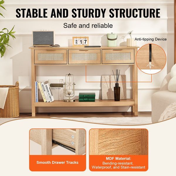 Rattan Console Table With 3 Storage Drawers Rattan Sliding Door Natural_voghion.com
