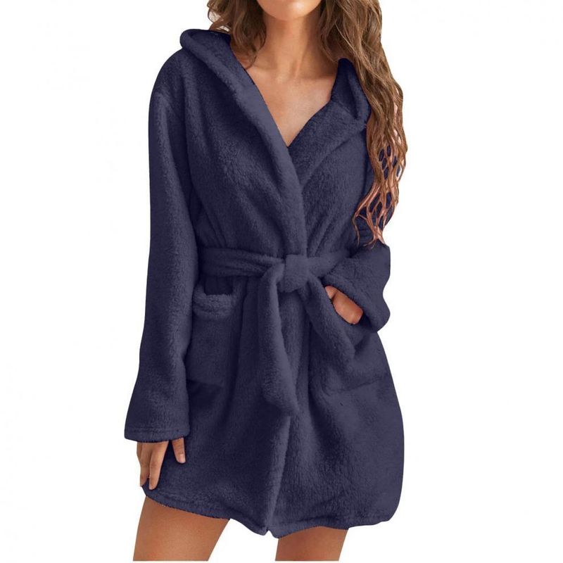 Popular Autumn And Winter Hooded Home Plush Pajamas Solid Color Warm Bathrobe Women_voghion.com