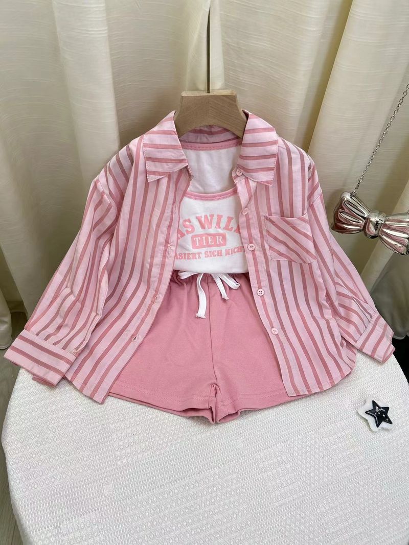Kid's Clothing 2024 early autumn new girls' casual striped sunscreen shirt stylish vest shorts three piece set_voghion.com