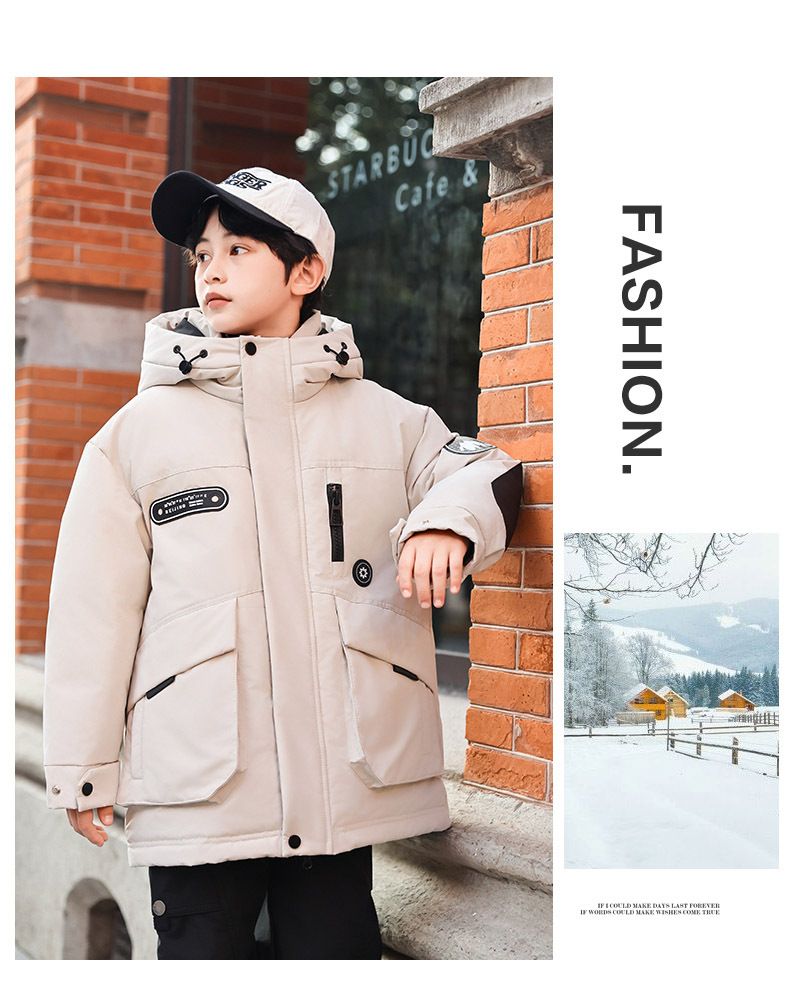 Mother & Kids Warm & Stylish Boys' Long Down Jacket With Hood - Soft Duck Feather Filling, High Waist Design, Winter Coat For Kids (Black, Beige)_voghion.com