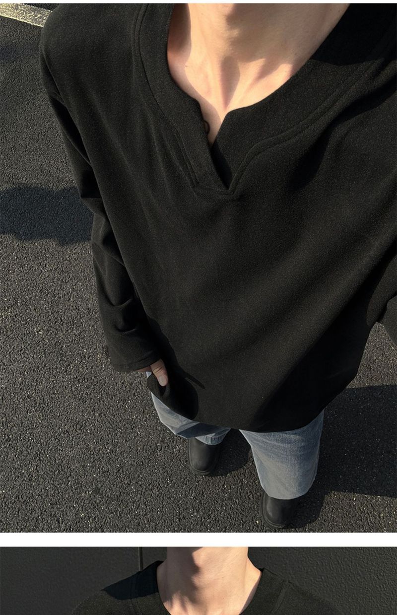 boy Boy Autumn Winter De Velvet V-Neck Sweatshirt Warm Inner Layer Base Shirt Long Sleeve T-Shirt Top Trendy Men's Cool Fashion_voghion.com