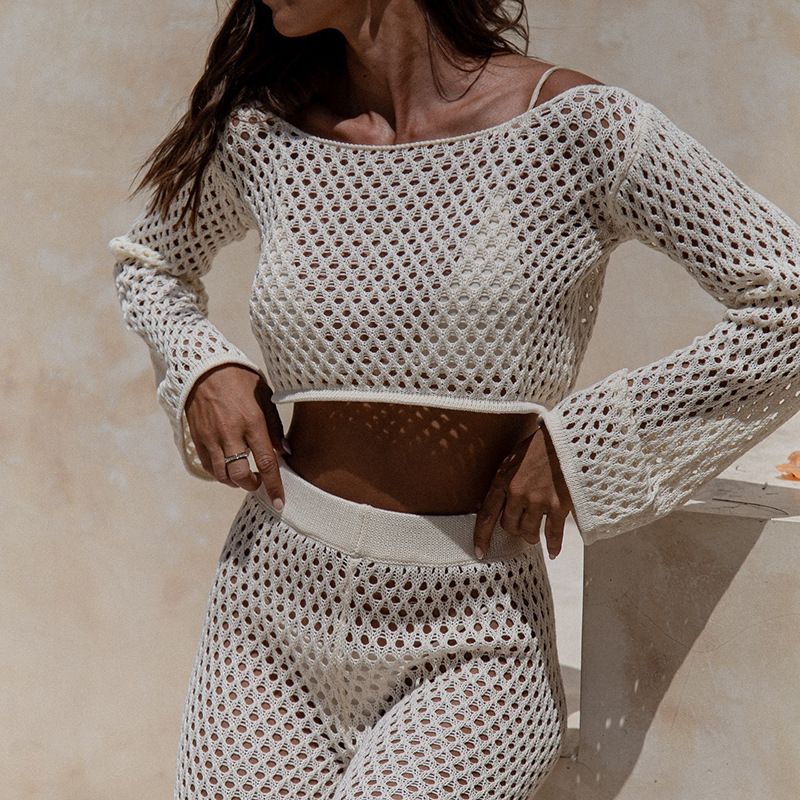 Ensemble pantalon ajouré style resort, sexy, tendance, protection solaire, plage, col rond, manches longues, pour femme_voghion.com