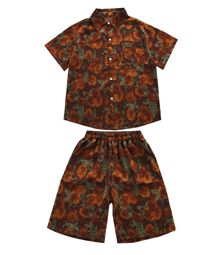 Boys' Short Sleeve Floral Shirt & Shorts Set - 100% Cotton Summer Outfit For Kids (120-170cm) | Breathable Matching 2-Piece | B-Class Certified_voghion.com