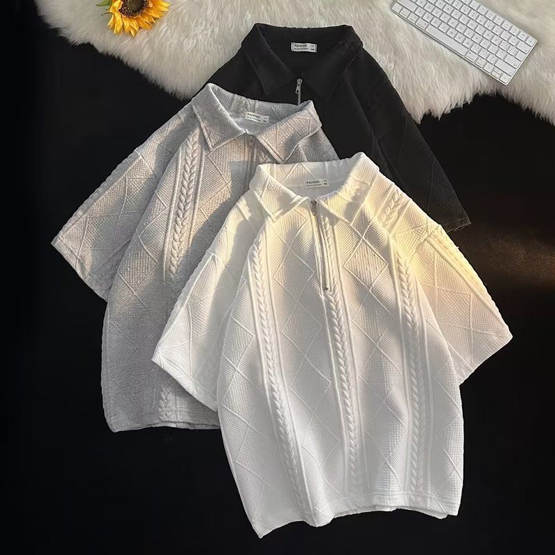 Waffel-Poloshirt, kurzärmelig, T-Shirt, Shorts, Sommer, lockere Kleidung, trendiges Top-Hosen-Set für Herren_voghion.com