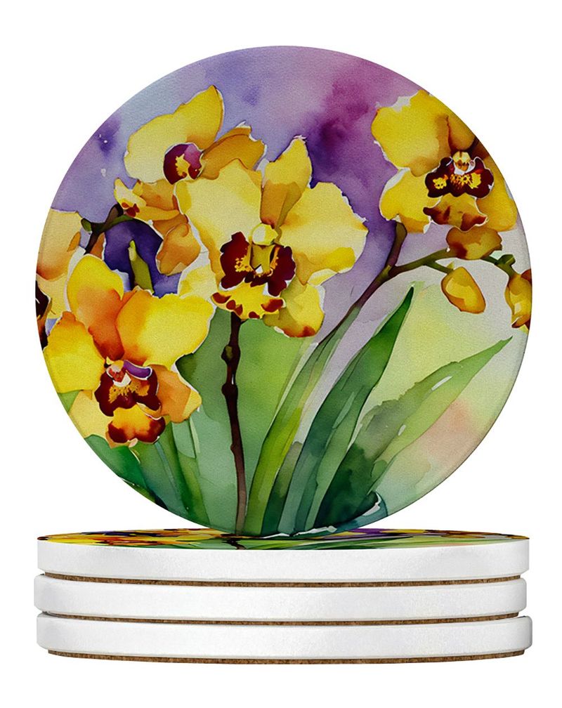 Orchids In Watercolor Large Sandstone Coasters Pack Of 4 Absorbent Round Coasters Decor Gifts For Men Or Women, 4 In, Multicolor_voghion.com