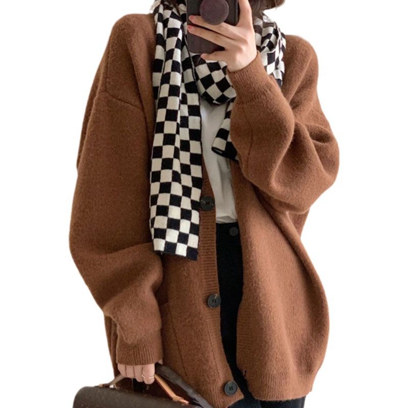 Lazy Style Graue Strickjacke Damen Herbst Neue Koreanische Version Lose Pullover Jacke Mittellanges Oberteil_voghion.com