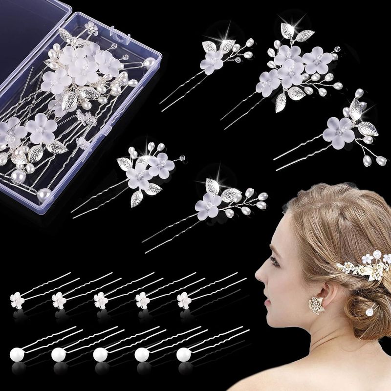Forcina per capelli con perline, accessorio per acconciatura da sposa con strass, forcina a forma di U con fiore, per donna_voghion.com