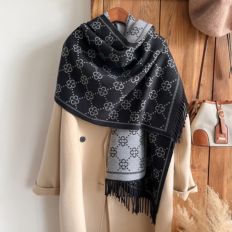 Unisex Eşarp Moda Basit Jakarlı Şerit Eşarp Uzun Püskül Yüksek Dereceli Gri Şal_voghion.com