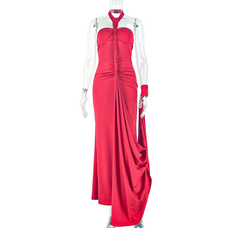 Damenbekleidung, einfarbig, temperamentvoll, elegant, rückenfrei, Wickelkorsett, figurbetontes Kleid mit Rüschen, One-Shoulder-Ausschnitt für Party- und Abendgarderobe_voghion.com