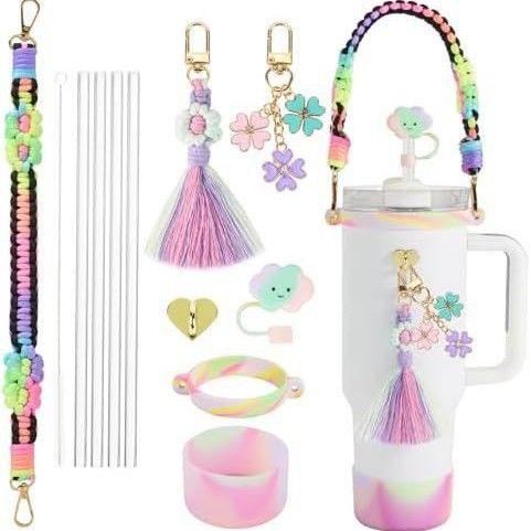 Silicone Grip Daisy Accessory Set 4-Piece Cup Sleeve With Cloud Shaped Straw Lid Colorful Hand Strap Floral Tassel Keychain Fits 16-30oz Tumblers_voghion.com