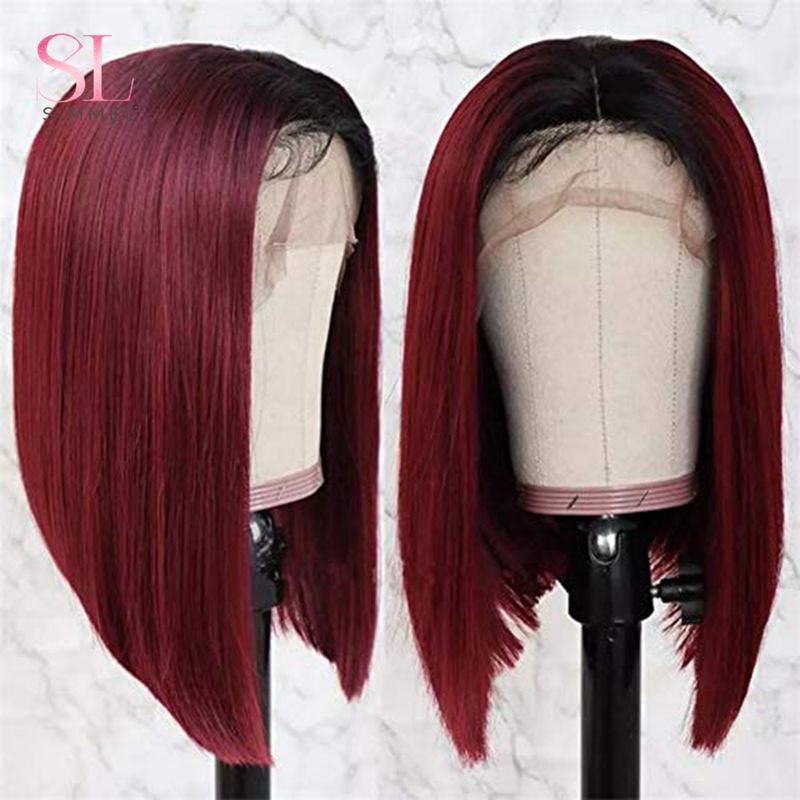 Hetsäljande T1B/99j Bury Red Rakt Bob T-del Lace Front Människohår För Kvinnor Färgat Brasilianskt Remy Hår Limfri Naturlig Peruk_voghion.com