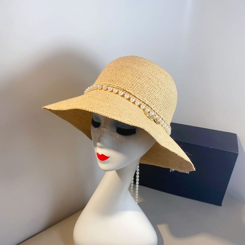 Moda 2024 Umbrelă de soare de vară pentru femei Protecție solară Vacanță Plajă cu boruri largi Pescar Pearl cârlig Ac Lafite Pălărie de paie_voghion.com