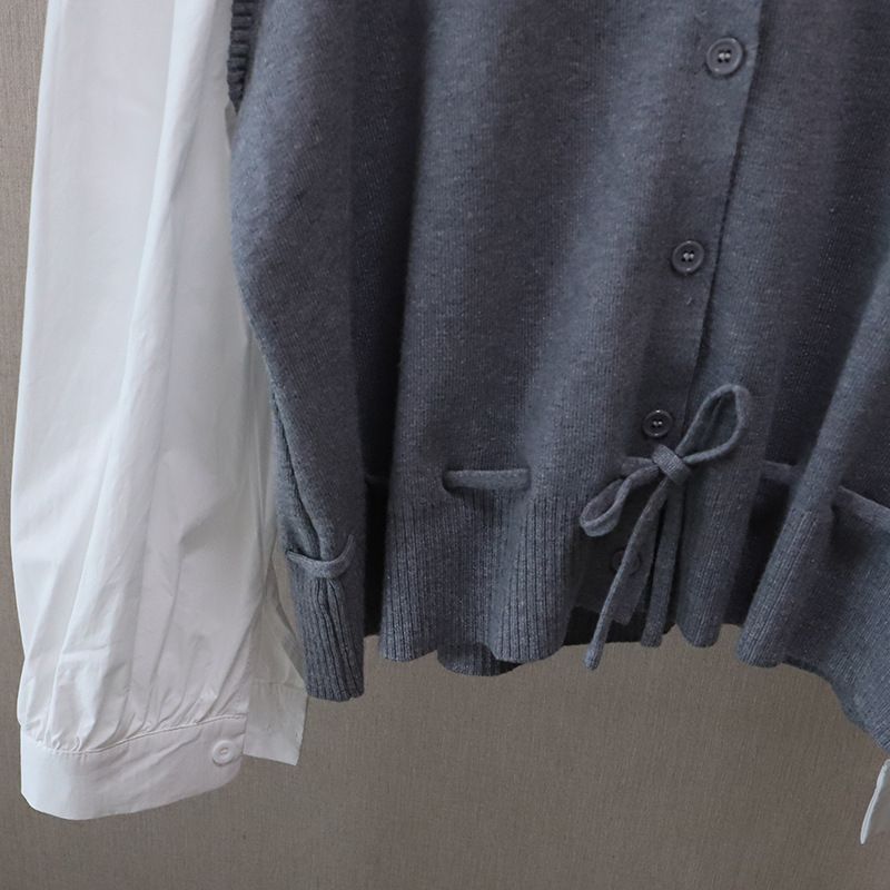 Camicia a maniche lunghe elegante e versatile in due pezzi, stile coreano, lavorata a maglia, patchwork, color-block, autunno 2025, per donna_voghion.com