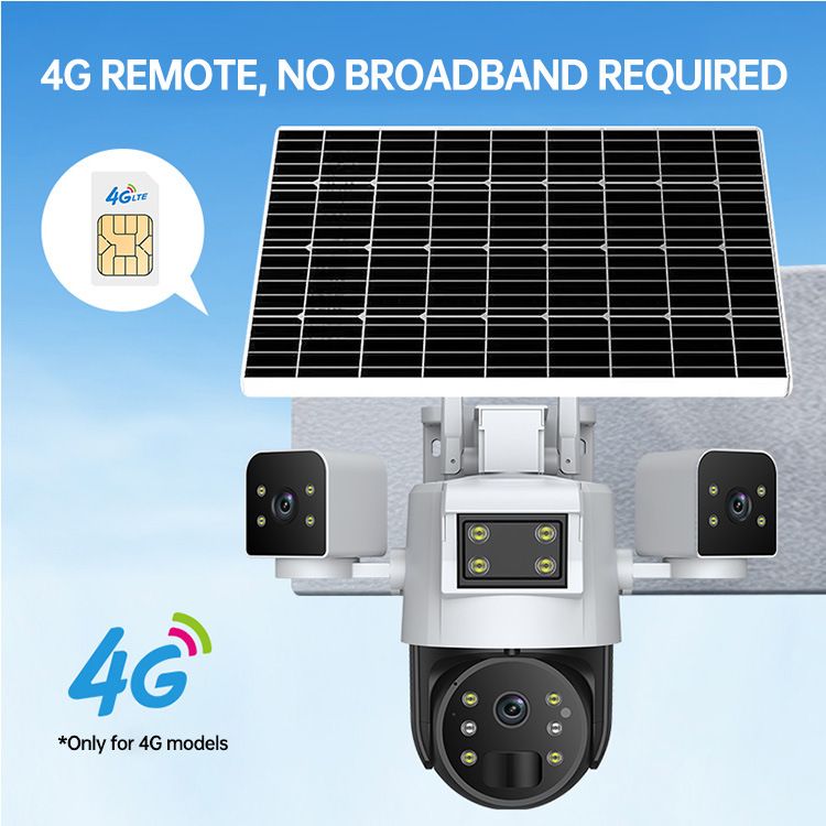 4G-beveiligingscamera op zonne-energie met drievoudige lens, 600 graden slimme nachtzicht, IP66 waterdicht, bewaking op afstand voor huis, boerderij en vijver_voghion.com