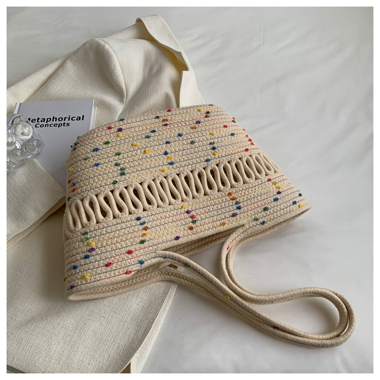 Ühe õlaga õõnestatud puuvillase niidiga uus suvine suure mahutavusega prantsuse õlgedest kootud kott, mereäärne puhkusereisi rannakott_voghion.com