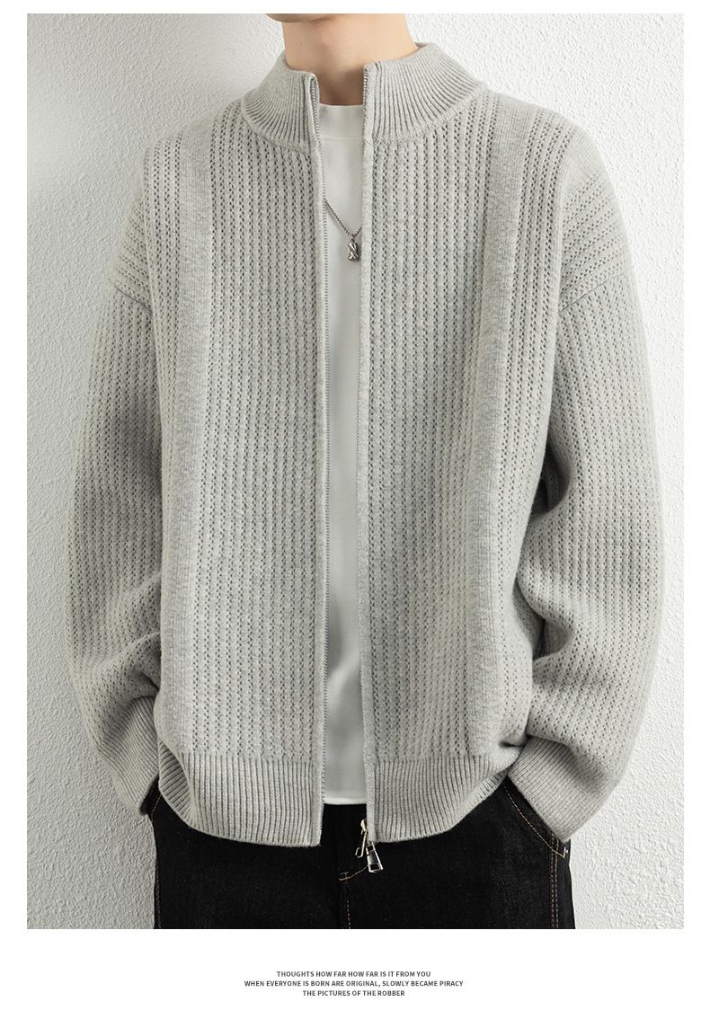 Herbst und Winter Herren Neue Stehkragen Doppelreißverschluss Strickjacke Modische Casual Solid Color Vielseitige Pulloverjacke_voghion.com