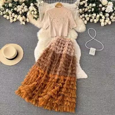 Haut tricoté à perles lourdes pour femmes, coupe cintrée, haut court en maille, jupe mi-longue, ensemble deux pièces_voghion.com