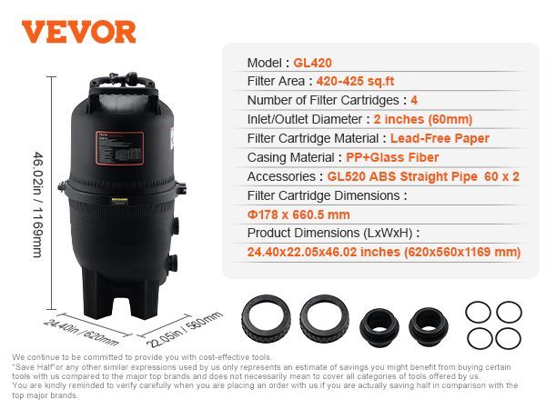 VEVOR Cartridge Pool Filter, 425Sq. Ft Filter Area Inground Pool Filter, Above Ground Swimming Pool Filtration Filter System With Upgrade Filter &Leak-proof, For Hot Tubs, Spa, Inflatable Pool_voghion.com