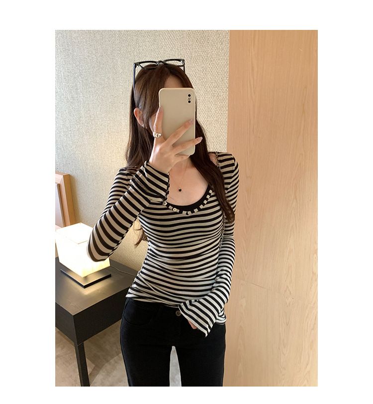 Camiseta feminina de manga comprida com decote em V e listras largas, estilo novo de outono, base de camada interna adelgaçante que aperta a cintura_voghion.com