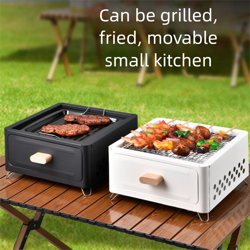Churrasqueira quadrada a carvão com fogueira, portátil para áreas externas, ideal para camping no jardim, dupla utilização para preparar chá e churrasco_voghion.com