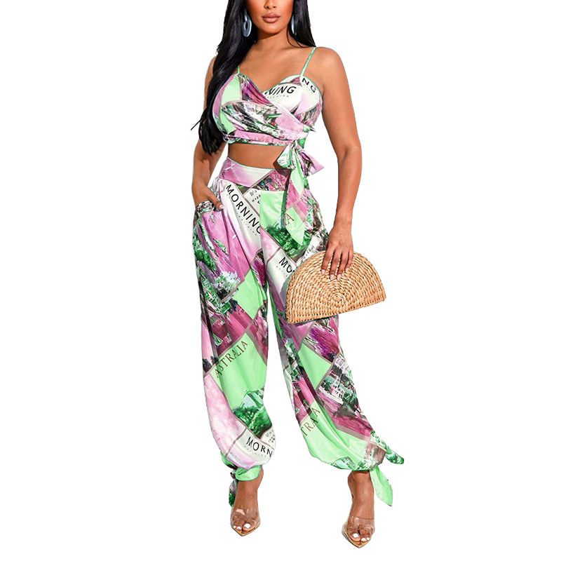 Pantalon sarouel décontracté et sexy pour femmes, ensemble deux pièces imprimé, enveloppé sur la poitrine, nouvelle collection été_voghion.com
