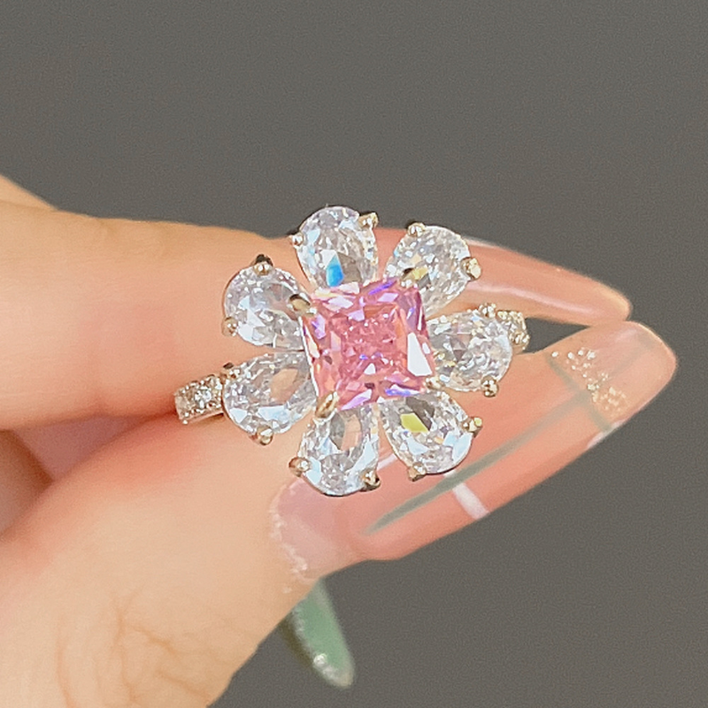 Cao Shi Live-Übertragung Blumenring Süßer rosa Diamant Zirkon Blumenring Romantischer Valentinstagsvorschlag Handbekleidung_voghion.com