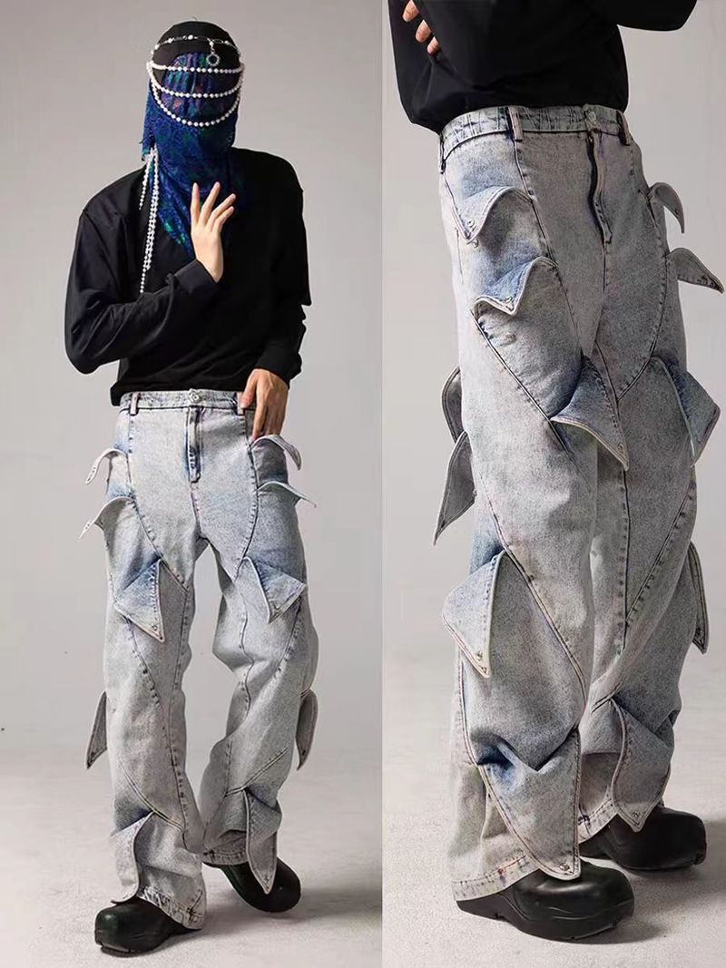 Ropa para hombres Vaqueros lavados deconstruidos retro de high street para hombres y mujeres, diseño de nicho, estilo artístico original, estilo retro infantil_voghion.com