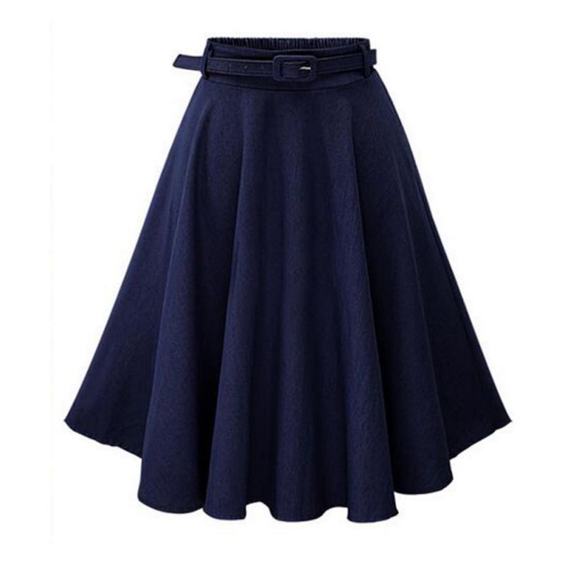 Gonna longuette a pieghe a trapezio da donna, con elastico in vita, con bottoni sul davanti, casual, svasata, con cintura_voghion.com