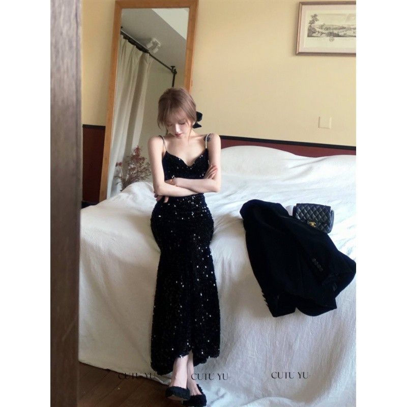 Sexy Schwarz Spaghetti Strap Pailletten Samt Für Frauen Frühling Basis Bodycon Meerjungfrau Langes Kleid Party Abendkleid_voghion.com