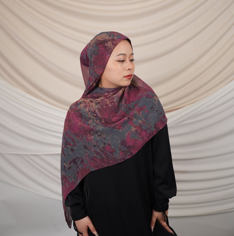 Bofu Silk Double-Sided Penetration Print Silky Chiffon Geometric Malay Muslim Headscarf_voghion.com