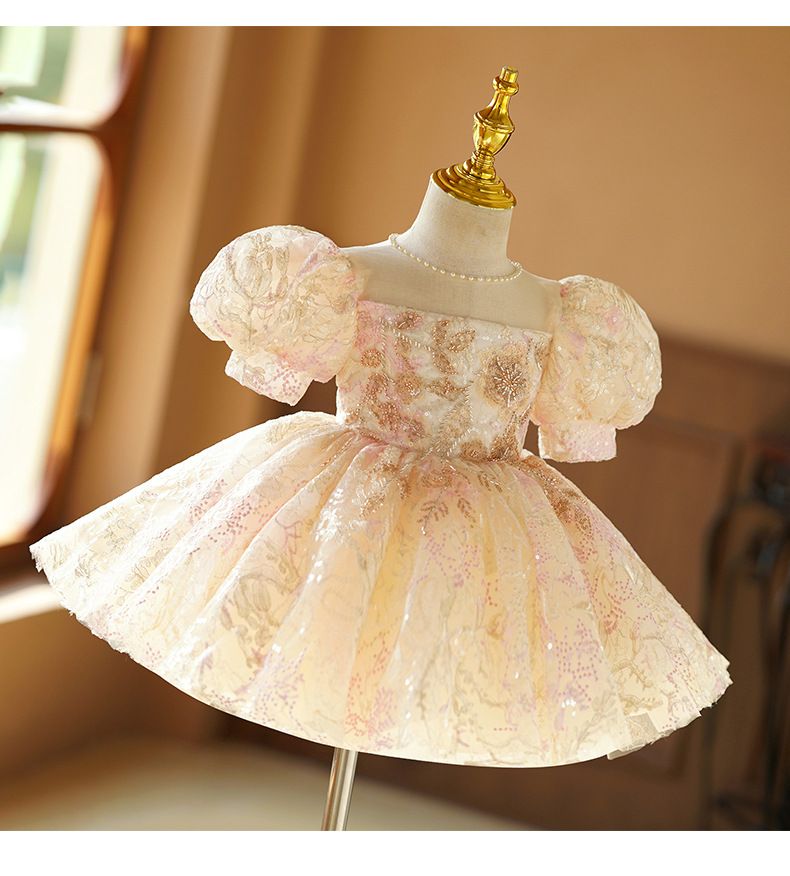 Abito da principessa color champagne per bambina - Elegante abito da spettacolo per occasioni speciali Tendenze moda più vendute_voghion.com